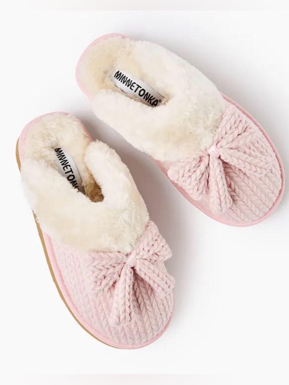 Minnetonka Bowelle Scuff Blush Pink Knit Bow Faux-Fur Lined Slip-On Slippers